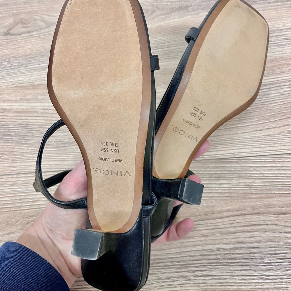 Vince Black Coco Leather Heeled Sandal Size 6.5 - Picture 7 of 9
